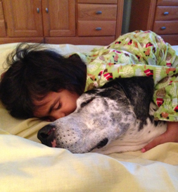Lucy's favorite sleeping place is cuddled up with Thalia, 5.